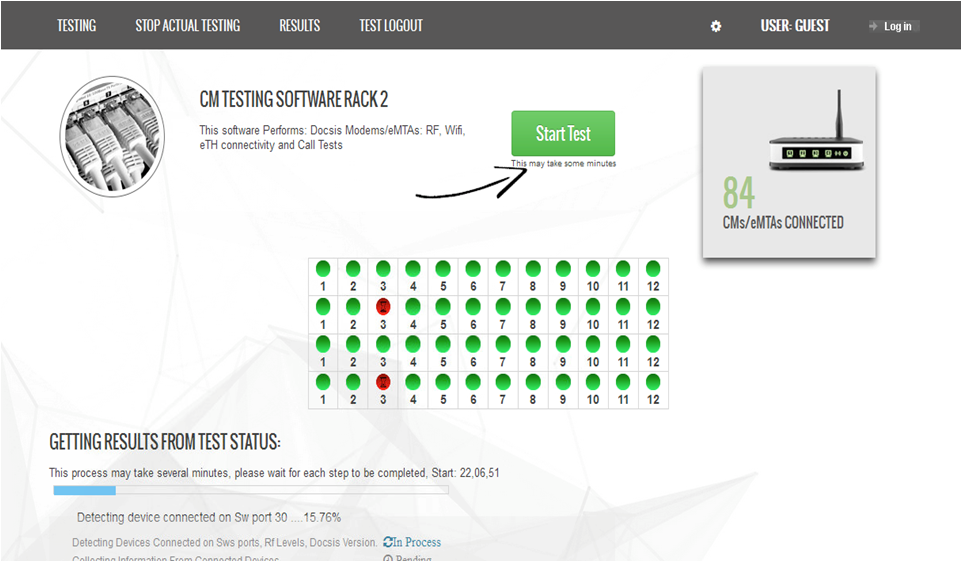 Screenshot of main test dashboard